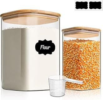 Glass Food Storage Containers, 3.6Qt/1.2Qt Glass Flour and Sugar Containers with Airtight Lids, Large Square Jars with Bamboo Lids for Rice, Pasta, Oats, Grains, Cookies, Snacks, Candy