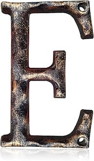 5.5 Inch House Numbers & Letters, Highly Visible Cast Iron Metal Home Address Number for Street Office Mailbox, Antique Brass (Letter E)