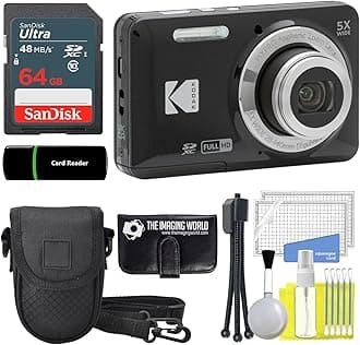 Kodak PIXPRO FZ55 Black 16MP Digital Camera 5X Optical Zoom 28mm Wide Angle 1080P Full HD Video 2.7" LCD Camera + 64GB Card and Reader + Case + Memory Wallet + Tripod + Cleaning Bundle