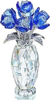 H&D Hyaline & Dora Gorgeous Blue Crystal Rose Flower Paperweight,Crystal Flowers Bouquet Collectible