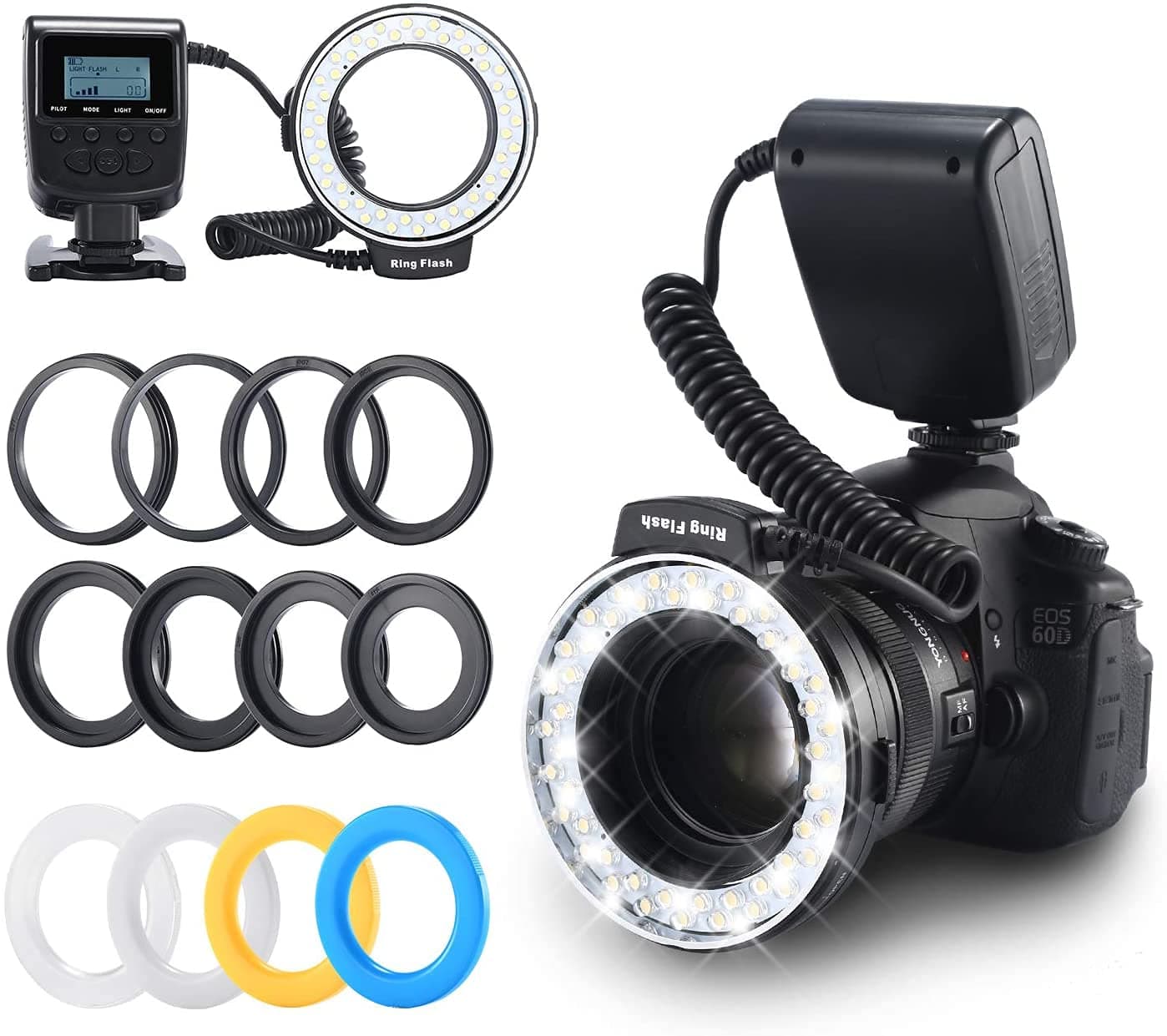 Macro Led Ring Flash Light with 48leds, Emiral - Camera Light, LCD Display, Adapter Rings and Flash Diffuser for Nikon, Canon and Other DSLR Cameras (8 adapters)