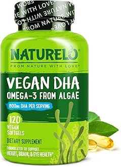 NATURELO Vegan DHA, Vegan Omega 3 Supplement, 120 Softgels, Supports Brain/Heart/Eye Health, Complements Prenatal Vitamins, Essential Fatty Acids, Omega 3 Supplement for Women & Men