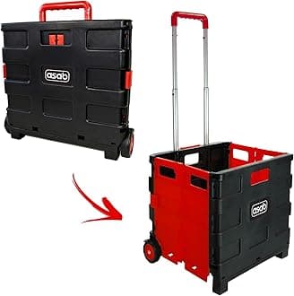 ASAB Foldable Plastic Book Trolley Cart Lightweight Teacher's Book Cart 2 Wheeled Book Trolley On Wheels Folding Storage Box with Aluminium Handle Shopping Trolley On Wheels (25KG, Black & Red)