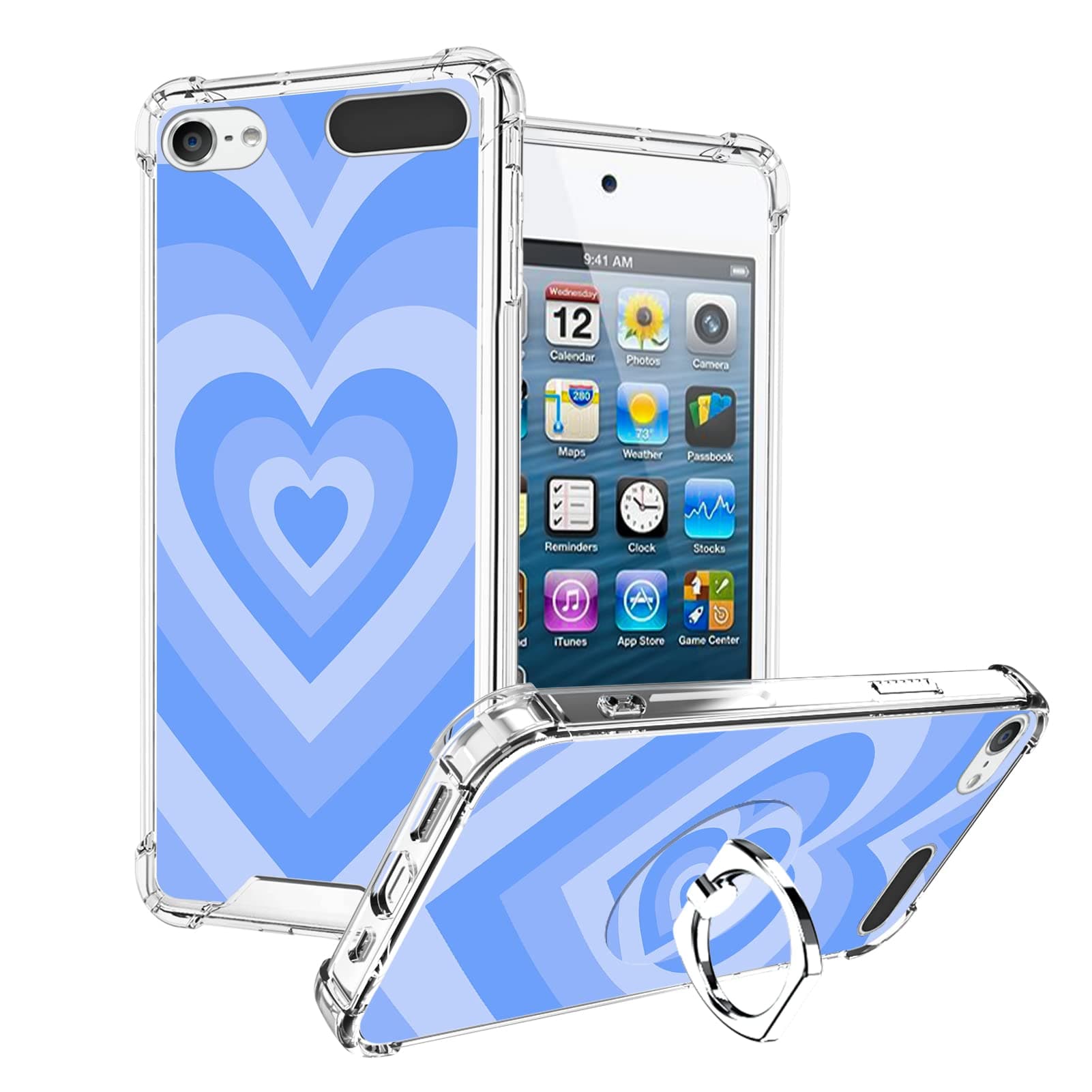 OOK Compatible with iPod Touch5/6/7 Generation Case Ring Holder for Girls Woman,Soft TPU Bumper PC Back Shockproof Protective Case-Blue Love Heart
