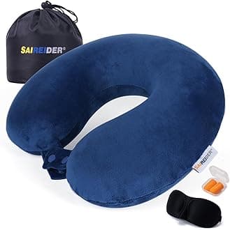 SAIREIDER Travel Pillow 100% Memory Foam Soft Supportive Airplanes Neck Pillows With Sleep Mask And Earplugs 11.42 x 11.42 x 4.33 in Navy Blue