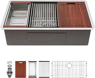30 Kitchen Sink Undermount — 30 inch Undermount Sink Ledge Workstation 16 Gauge Stainless Steel Single Bowl Rectangular Under Counter Kitchen Sink with Accessories