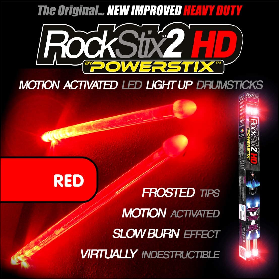 ROCKSTIX 2 HD RED, BRIGHT LED LIGHT UP DRUMSTICKS, with fade effect, Set your gig on fire! (RED ROCKSTIX)