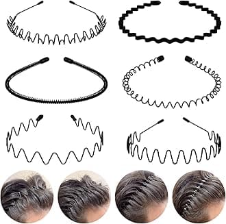 - 6PCS Metal Hair Bands, Spring Wavy Hair Hoop Unisex Black Wavy Headband Slicked Back Headband Non Slip Sports Hairband for Women Men