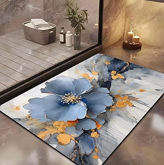 Yellow Weaves 3 Pcs 3D Patterned Anti Slip Water Soaking Floor Mat, Water Absorbent Non Slip Bath Mat, Quick Dry Mat for Bathroom, Door Mat for Home, Kitchen, Office (Blue Flower)