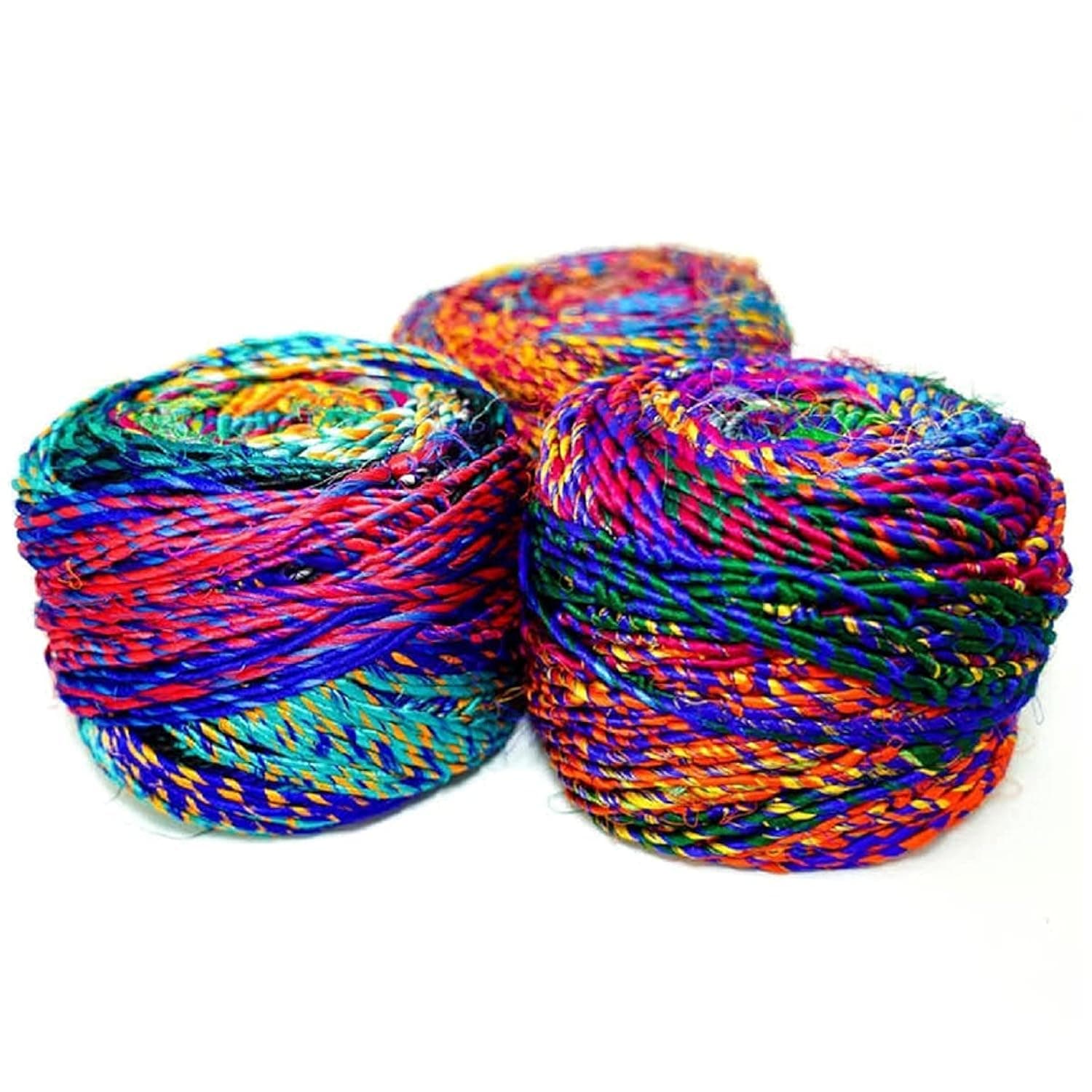 Revolution Fibers Recycled Sari Silk Yarn, Multi-Color Pure Silk, Made From Handspun Used Sari Fabric Ribbon Scraps, Rainbow for Knitting, Weaving & Crocheting - 100 Grams per Ball (2-Pack)