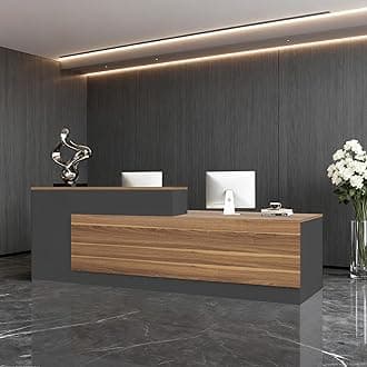 Modern L-Shaped Reception Desk with Hutch, Reception Counter Table, Lockable Drawer Door Cabinet, Office Wooden Computer Front Desk (European Oak+lron Gray-Left Cabinet, 79" L*24" W*41" H)