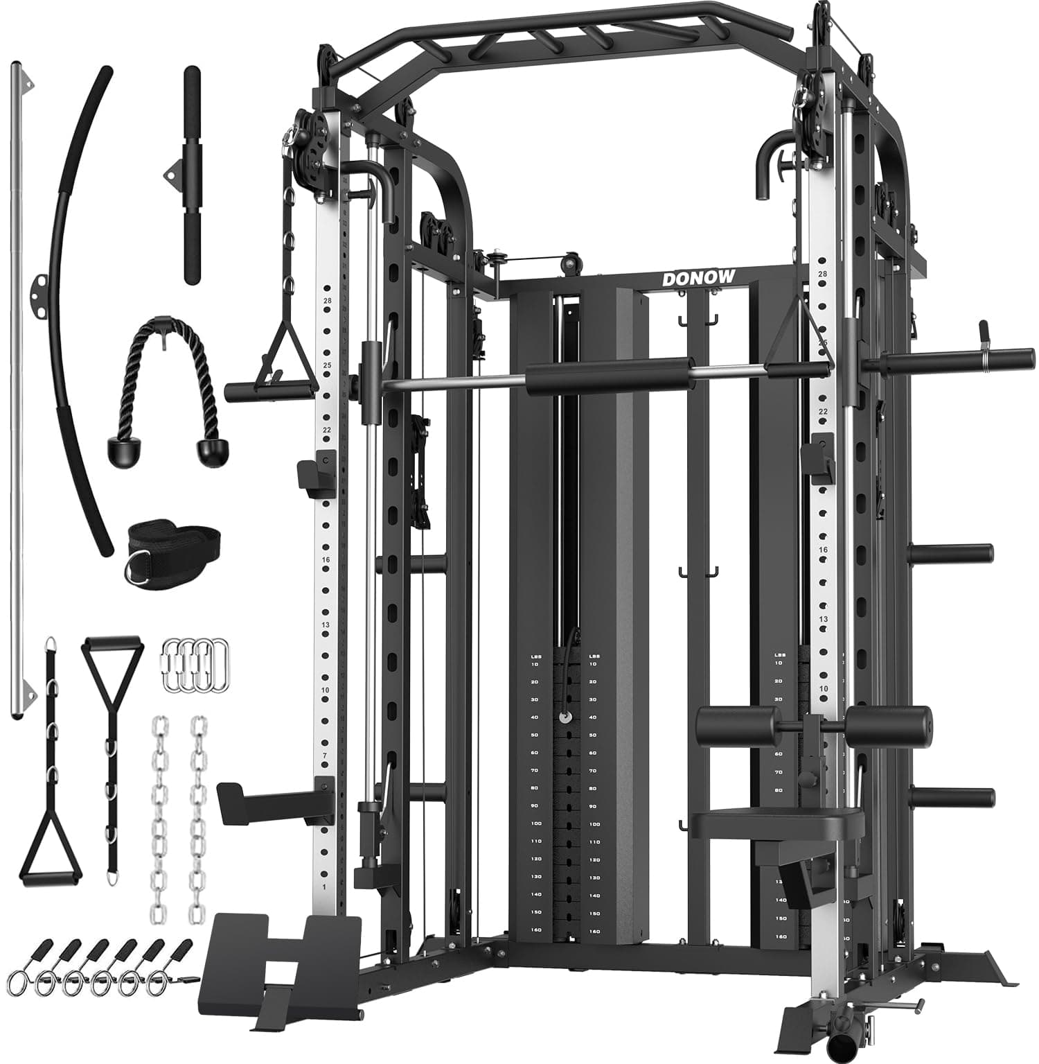 DONOW Smith Machine with Weight Stacks, Multi Function Home Gym System Training Power Cage Squat Rack Dual Cable Crossover Machine All in One