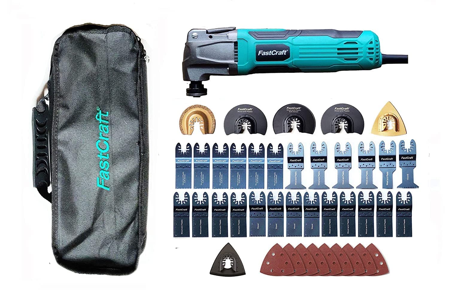 42pc Oscillating Tool FastCraft Multi Tool Kit - New PRO 5.0A Peak Power/Keyless Fast Blade Change + 40pc Blades Sanders Bulk All in Nylon Carrying Bag