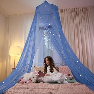 Blue Canopy Bed, Blue Bed Canopy with Glow in The Dark Stars for Girls, Boys, Kids and Babies, Net Use to Cover The Baby, Kid, Girls Or Full Size Bed, Fire Retardant Fabric
