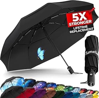 TUMELLAStrongest Windproof Travel Umbrella (Compact, Superior & Beautiful), Small Strong but Light Portable and Automatic Folding Rain Umbrella, Durable Premium Grip, Fits Car & Backpack