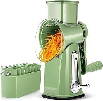 SUSTEAS Rotary Cheese Grater with Handle - Food Shredder with 5 Well-designed Blades & Strong Suction Base,Round Mandoline Slicer & Vegetable Grater for Kitchen,1 Bonus Blade Storage Box(Retro Green)