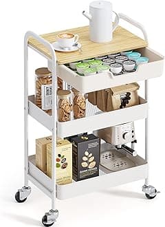 3-Tier Metal Utility Rolling Cart with Drawer and Wooden Table Top, Storage Cart White Trolley Kitchen Organizer Rolling Desk with Locking Wheels for Office, Classroom, Home, Bedroom