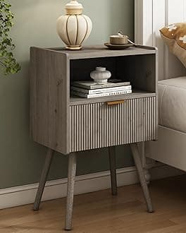JOONEE Nightstand,Modern Bedside Table with Storage Drawer and Open Wood Shelf, for Living Room, Bedroom and Small Spaces, Accent Night Stand with Solid Wood Legs, Easy Assembly,Grey Oak