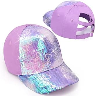 BROMZGirls Glitter Baseball Cap Kids Ponytail Hat Adjustable Summer Mesh Trucker Hats for 4-12 Years