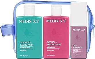 MEDIX 5.5 Best Sellers Travel Kit Skin Care Set - Retinol Body Lotion + Glycolic Acid Exfoliating Body Wash + 20% Vitamin F Body Oil 3PC Skincare Set | Crepey Skin Care Treatment, 3 Piece Travel Kit