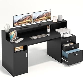 Computer Desk with 3 Drawer & Storage Shelves, Home Office Desk with File Drawer & Cabinet, Writing Study Table with Long Monitor Stand & Printer Shelf, Executive Workstation