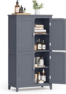 VASAGLE Bathroom Floor Storage Cabinet, Bathroom Storage Unit, Freestanding Cabinet with 4 Doors, Adjustable Shelves, 11.8 x 23.6 x 43.3 Inches, Slate Gray UBBC552G01