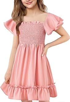 Girls Summer Dress Cute Double Layer Ruffle Sleeve Smocked Off Shoulder Dresses 5-14 Years
