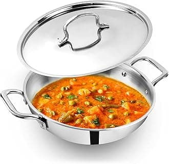 The Indus Valley Triply Stainless Steel Kadai/Kadhai with Steel Lid | 26cm/10.2 inch, 3.5Ltr, 1.7kg | Induction Friendly | Nonstick 3-Layer Body, 100% Toxin-Free, No Chemical Coating