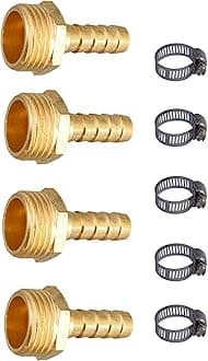 ESEKSAFAR (Outer Diameter 20.99mm) 1/2" inch BSP Thread Barb hose fitting 1-Way Union Pipe Joint, 5pc Hose clamp, (Male 4pc 1/2" Thread x Barb Hose fitting 3/8" (10mm))