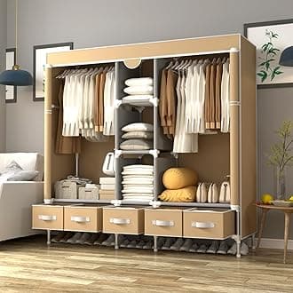 Canvas Wardrobe with 5 Drawers, 185x45x175cm Wardrobe for Bedroom Cupboard Clothes Storage Solution, with Hanging Rail Storage Shelves