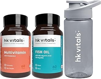 HealthKart HK Vitals Fish Oil and Multivitamin Combo, 60 Omega 3 Fish Oil Capsules (1000 mg Omega 3 with 180 mg EPA & 120 mg DHA) & 60 Multivitamin Tablets with 300 ml Sipper