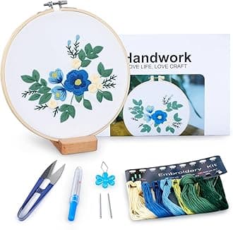 Embroidery Kit for Beginners, Flowers and Leaves Embroidery Practice Kit, Hand Floral Embroidery Starter Kit for Adults with Video Step by Step Instructions, Hoops, Threads and Needles (BEF013)