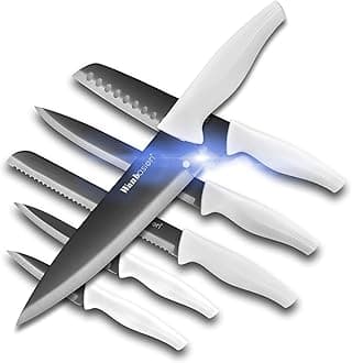 Wanbasion 6 Pieces Black Titanium Plated Stainless Steel Kitchen Knife Set, Sharp Professional Knife Set with Sheath, Scratch Resistant And Rust Proof, For Chef Cooking Cutting with White Handle