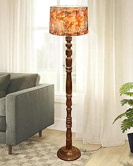 Homesake® Rustic Wood Floor Lamp for Living Room Walnut Brown with Multicolor Fabric Lamp Shade | Light Decoration for Home Side Lamp for Living Room & Bedroom | Antique Floor Light, Candlestick,
