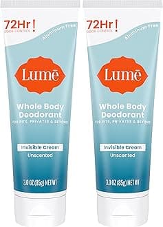 Lume Whole Body Deodorant - Invisible Cream Tube - 72 Hour Odor Control - Aluminum Free, Baking Soda Free, Skin Safe - 3.0 ounce (Pack of 2) (Unscented)