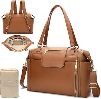 Omanmoli Diaper Bag Tote Leather Diaper Bag Backpack Large Baby Bag 14 Diaper Organizing Pouches,Changing Pad,Crossbody Strap,4 Insulated Pockets,Brown
