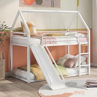 Twin Over Twin Metal Floor Bunk Bed with Slide,Metal Junior House Twin Size House Bunk Bed Frame with Ladder & Roof for Boy Girl, No Box Spring Needed,Low Bunk Bed Frame with Convertible Slide