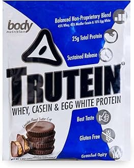 Trutein High Protein Powder: 45% Whey, 45% Casein, 10% Egg White, Gluten-Free, Low Sodium, Grass Fed Whey Protein, Gym Supplement & Breakfast Shake, Chocolate Peanut Butter, 34g Sample