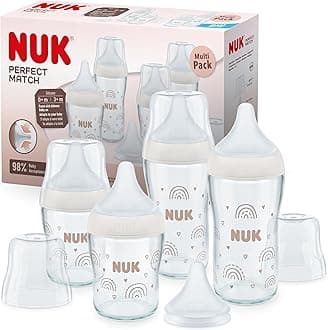 NUK Perfect Match Glass Baby Bottles Set | 6+ Months | Adapts to Baby's Palate | Temperature Control | 4 x Anti Colic Bottles & Extra Silicone Teat | 120 ml & 230 ml | BPA-Free | Rainbow | 5 Count