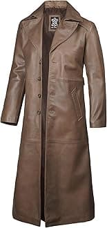 Blingsoul Leather Trench Coat Men - Real Leather Long Overcoat for Mens