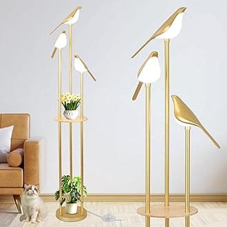 Gold Floor Lamps for Living Room, Modern Floor Lamp with Shelves, Mid Century Standing Lamp with 3 Adjustable LED Bird Lights, Corner Tall Lamp with Table, Brass Stand up Lamp for Bedroom Kids Room