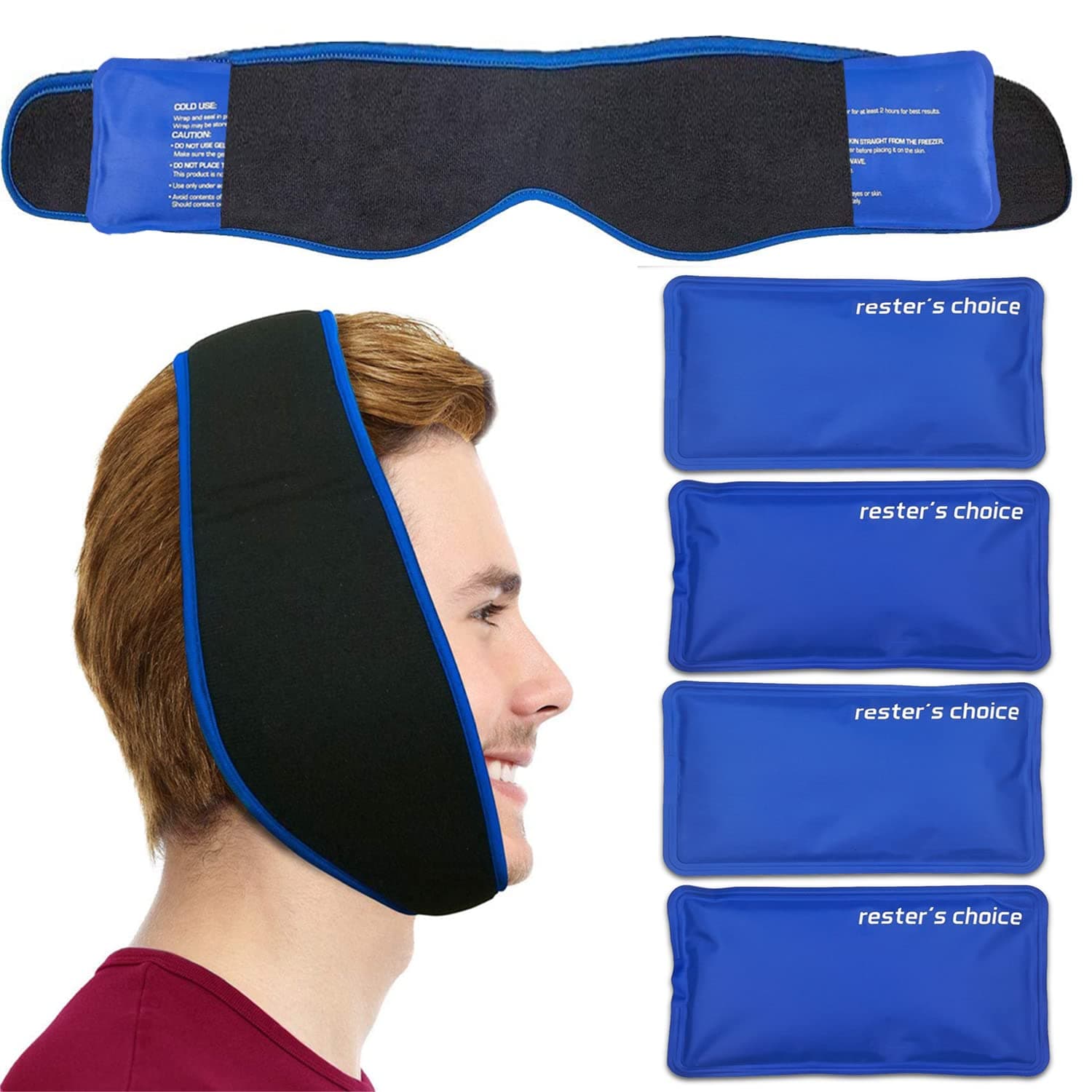 Face Ice Pack - Use as Wisdom Teeth Ice Pack, TMJ Relief Products, Jaw Pain - Hot & Cold Therapy for Chin, Headaches, Post Surgery Treatment - Adjustable Face Wrap Includes 4 Gel Packs