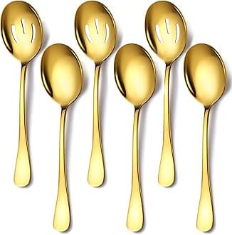 6 Pieces Stainless Steel Serving Spoons Set Includes 3 Spoon, 3 Slotted, for Parties/Buffet/Catering, Dishwasher Safe, 8.5-Inch, Gold