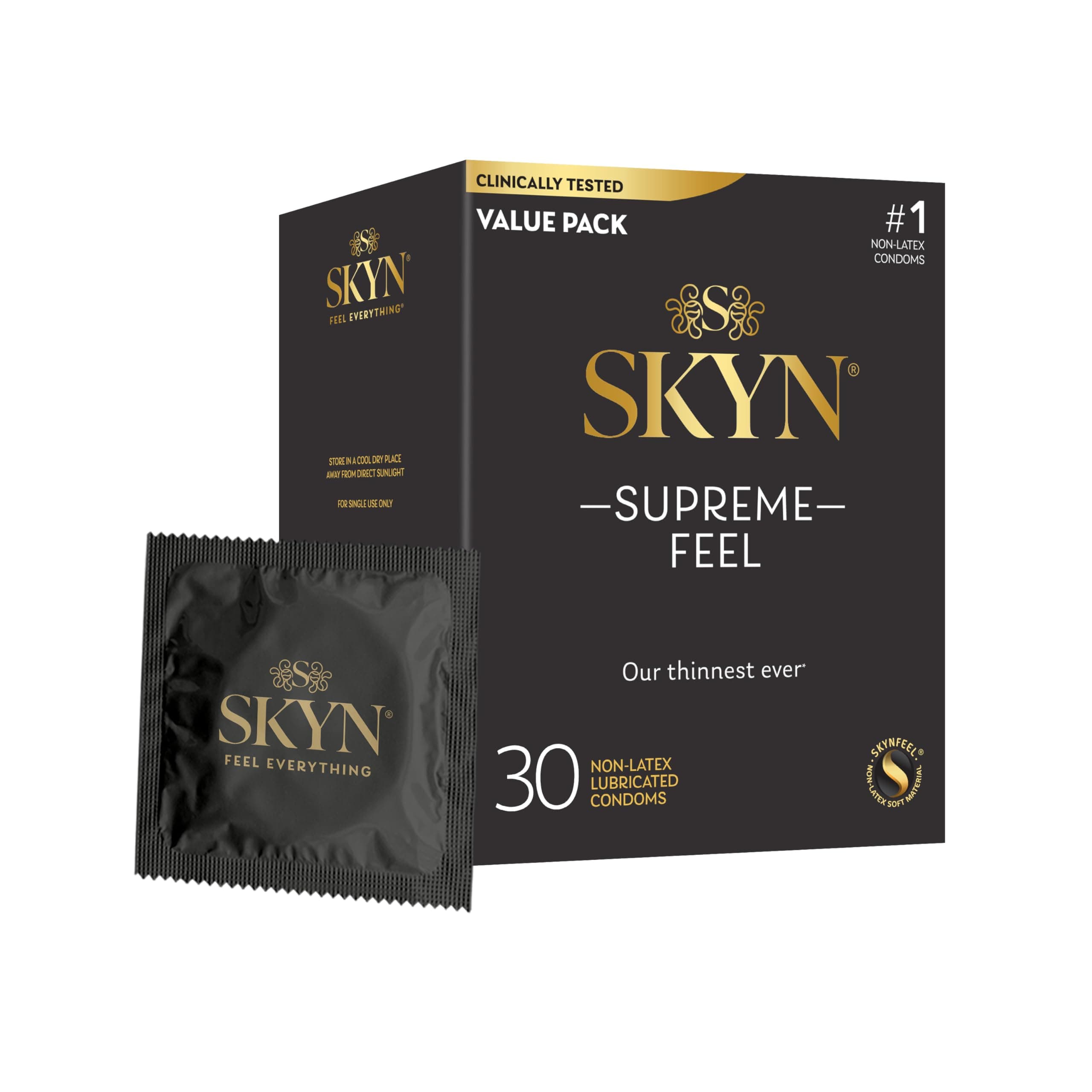 Supreme Feel Non-Latex Condoms, 30 Count, Ultra-Thin & Pre-Lubricated for a Natural, Smooth Fit