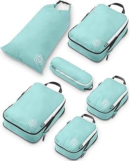 Compression Packing Cubes for Travel - Luggage and Backpack Organizer Packaging Cubes for Clothes (Dusty Teal and White, 6Piece)