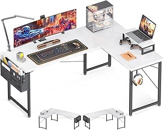 Casaottima L Shaped Computer Desk with Storage Bag, 57.5 Inch Reversible Gaming Desk, Home Office Desk with Monitor Shelf, Space-Saving Writing Study Corner Desk, Easy to Assemble, White and Black