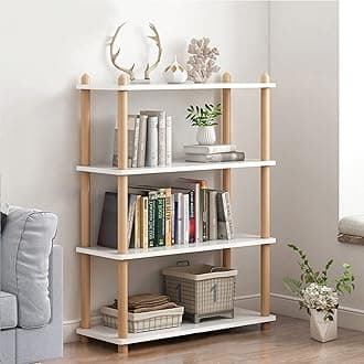 IOTXY 4-Tier Wooden Shelf Bookcase - Modern Open Bookshelf, Free Standing Storage Rack, Multifunctional Display Stand for Home and Office, White, Rectangle