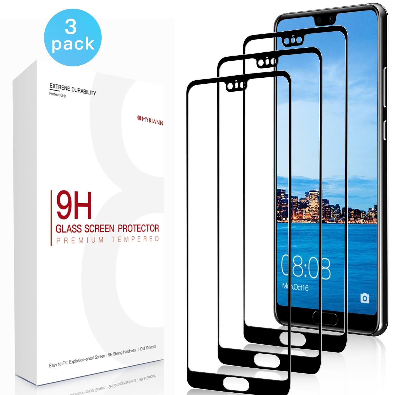 MAIYI Huawei P20 Screen Protector, [3 Pack] 3D Full Coverage Premium Tempered Glass Screen Protector with [9H Hardness] [Crystal Clear] [Bubble-Free Installation] [Scratch Resist] for Huawei P20