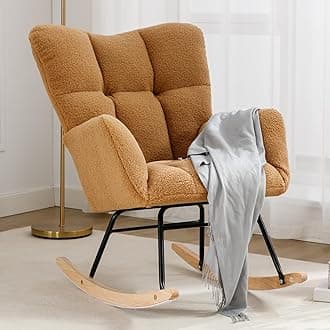 Nursery Rocking Chair Teddy Upholstered Glider Rocker Rocking Accent Chair Padded Comfortable Seat with High Backrest Armchair Comfy Side Chair for Living Room Bedroom Offices (Kahaki Teddy)