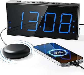 Loud Alarm Clock with Bed Shaker, Vibrating Alarm Clock for Heavy Sleepers/Hard of Hearing/Deaf,Dual Alarms, 7.5’’ Large LED Display, Dimmer, USB Charging Port, Plug-in with Memory Function